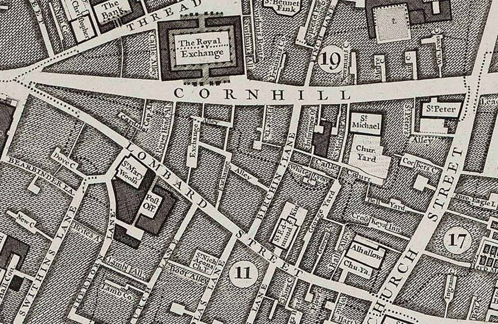 1746 map showing Exchange Alley, where tea was first sold in England